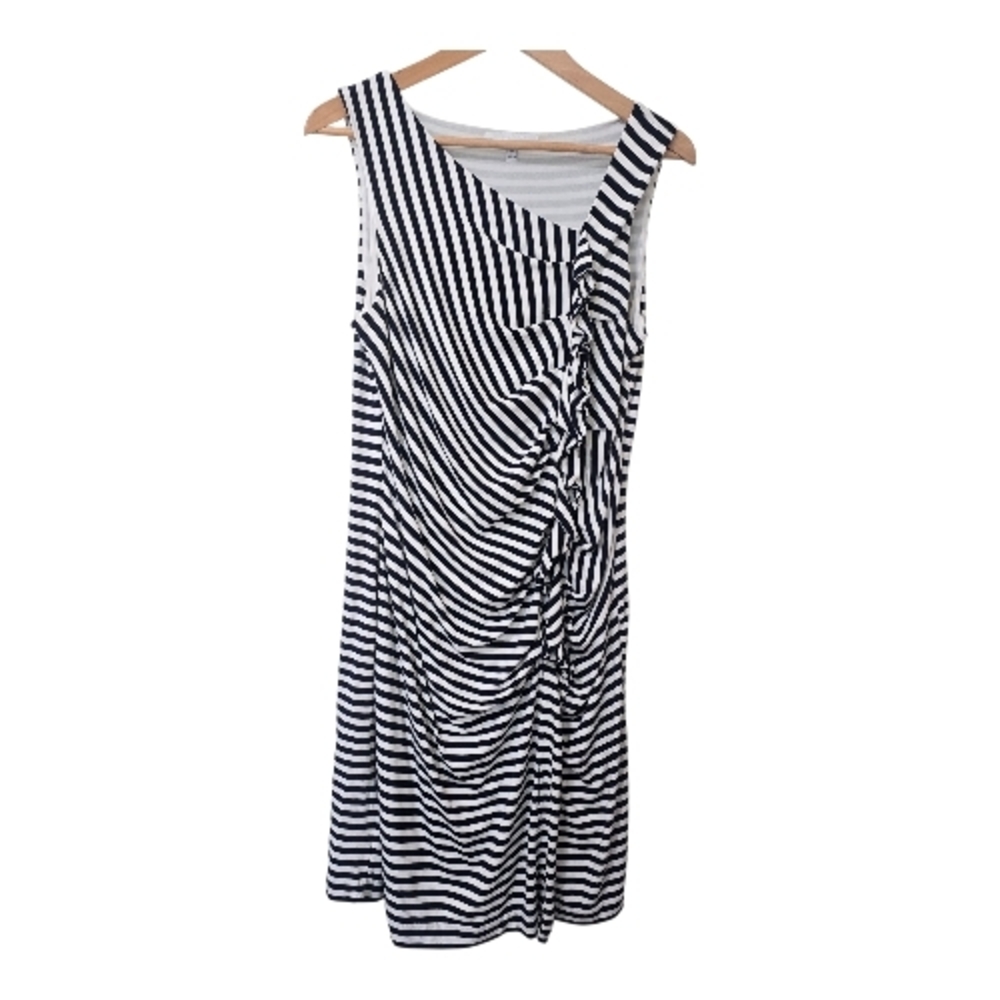 Lucy & Laurel Black White Striped Ruched Sleeveless Dress Nautical Coastal Lg